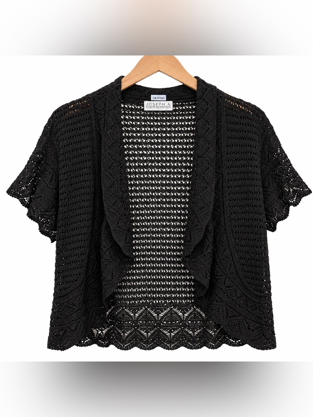 Joseph A Black Crochet Open-Front Short Sleeve Sweater